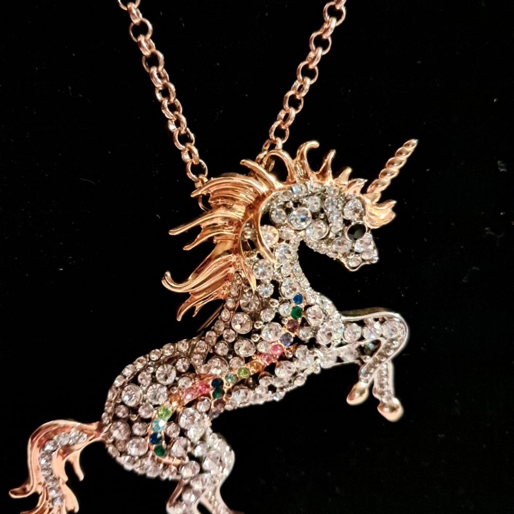 Unicorn Brooch Pendant Rainbow/Faux Diamonds Necklace